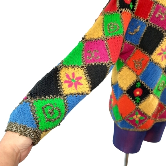 Vintage Jennifer Reed Hand Knit for The Limited Patchwork Afghan Sweater Small - Picture 5 of 10